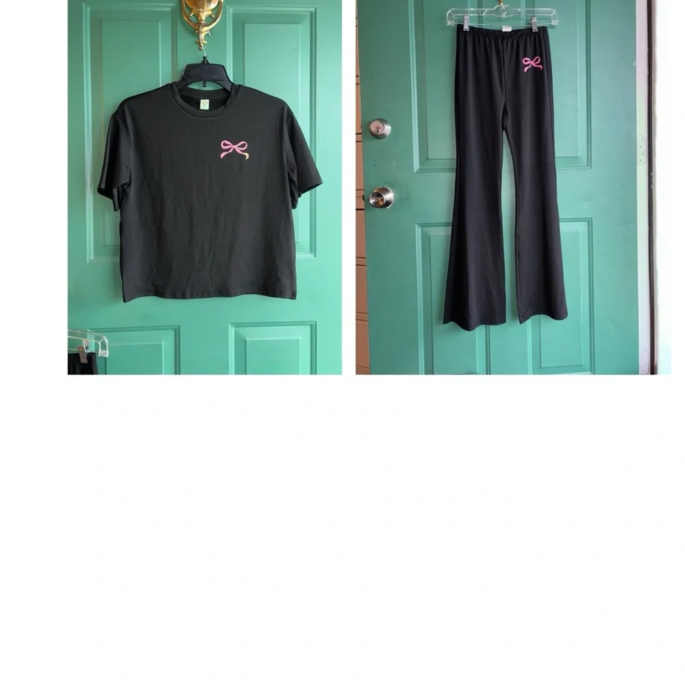 SHEIN girls 12 Black Pajama Set with Pink Bow Accent